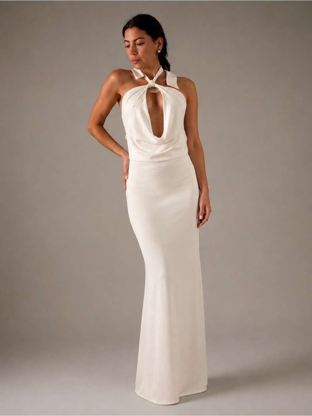 REVOLVE Cream Strapless Halter Gown with Front Keyhole